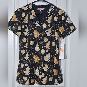 Elite Med Performance Women's Black Holiday Print Scrub Top Sz. S NWT